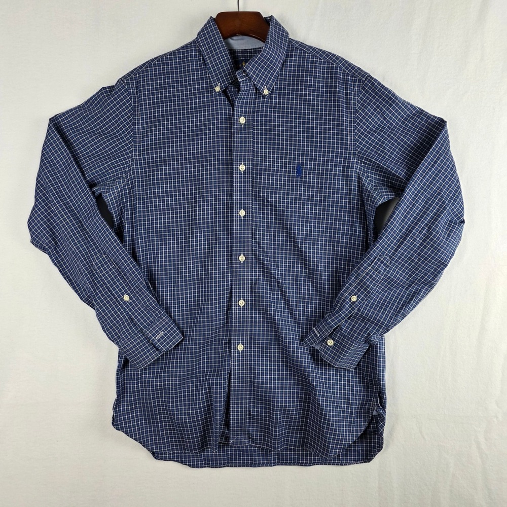 Ralph Lauren Men's Navy Blue Easy Care Stretch Plaid Button Down Shirt Size S